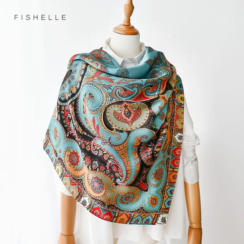 Pfauenblauer Natürlicher Satin-Seidenschal 110cm Großes Quadratisches Bandana Bedruckt 100% Reine Seidenschals Luxus-Schal Geschenk für Damen