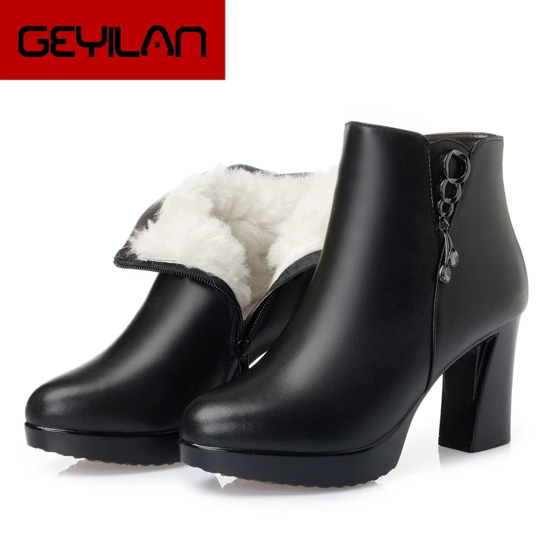 

2018 Winter New Warm Wool Ankle Boots 100% Genuine Leather Plush Snow Boots Women Platform High Heels Shoes Boots