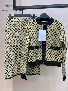 

luxury designer 2 piece set outfits for women knitted clothes wool diamond check plaided letter Logo Button Cardigan + skirt set