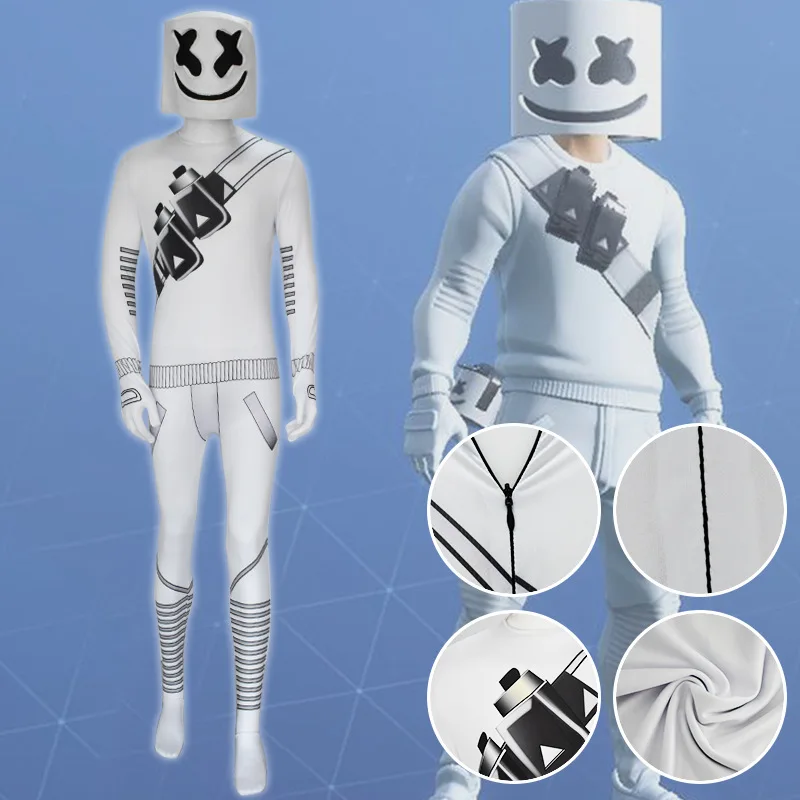 

2019 New Marshmello Cosplay Costume Jumpsuit DJ Chris Comstock Doctom Kids Adults Costumes Halloween Cosplay Props Mask Helmet