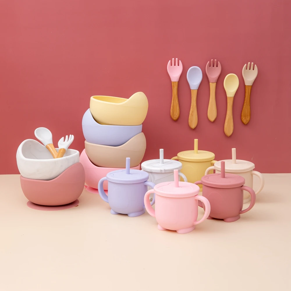 Baby Silicone Tableware Feeding-Set Children Bowl Fork Spoon Bowl-Straw-Cup Sucker Cartoon-Shape