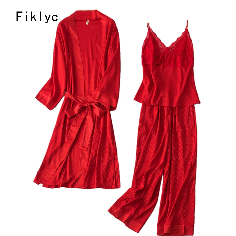 

Fiklyc underwear 3 pieces women's pajamas sets with bathrobe summer female faux silk pijamas sets elegant luxury sexy nightwear
