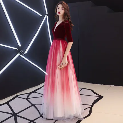 burgundy sleeves Vestido de festa, v-образный вырез, сексуальное вечернее платье, длинное вечернее платье - Цвет: burgundy sleeves