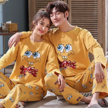 

Spring Summer Couple Pajamas Sets 2020 Cartoon Print 100% Cotton Pyjamas Women Plus Size Full Cotton Sleepwear Women Two Piece