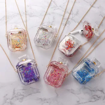 

Luxury perfume bottle chain Liquid quicksand glitter Earphone case For Airpods 1 2 Charging Box Cute Bluetooth Protective cover