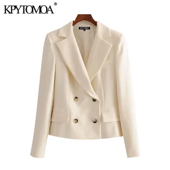

KPYTOMOA Women 2020 Fashion Double Breasted Cropped Blazer Coat Vintage Long Sleeve Pockets Female Outerwear Chic Tops