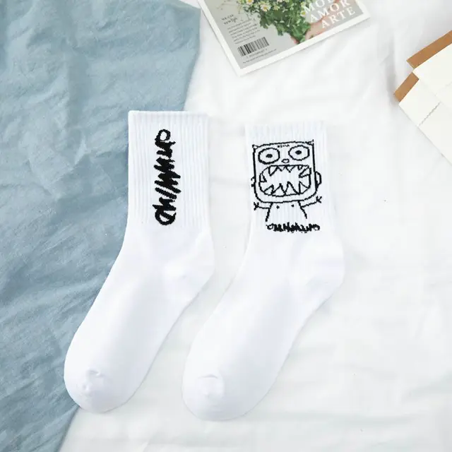 Cotton Cartoon Pattern Hip Hop Style Breathable Mid Tube Socks Women Skateboard Socks 1Pair Soft Long Sock for Men Japanese 2