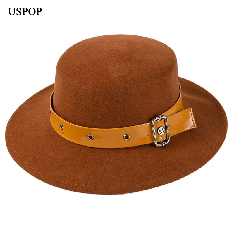 

USPOP 2019 new winter wool hats women wide brim wool fedoras fashion flat top belt decorated fedoras female hat