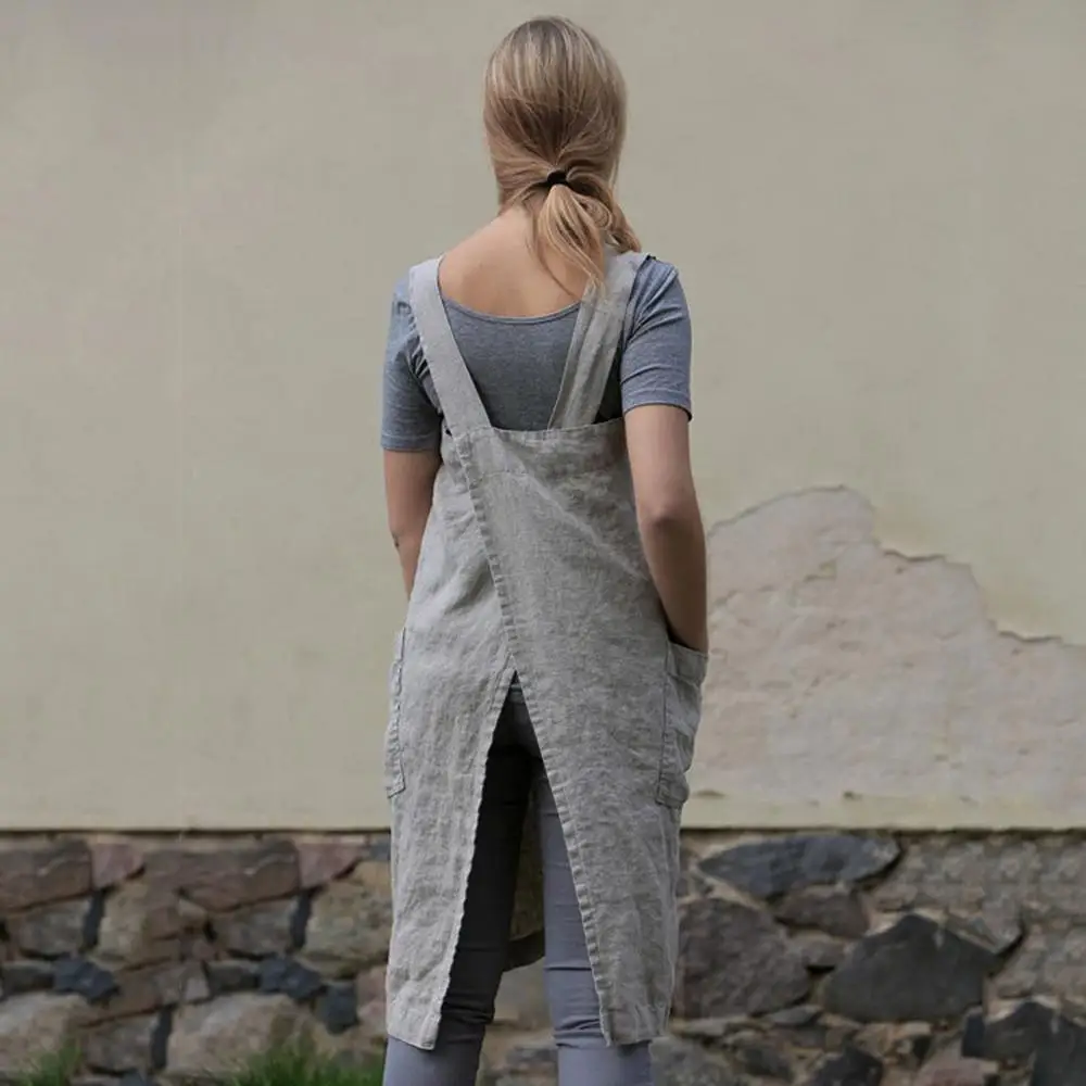 

Female Square Cross Apron Garden Work Pinafore Dresses Women Cotton Linen Pinafore Dresses plus size Ladies Dress robe femme A3