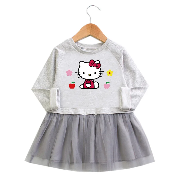 thumbnail image 1 of Hello Kitty nuevo vestido de moda de algodón con estampado de dibujos animados para niñas, falda de malla de manga larga bonita para bebé, vestido pequeño de princesa dulce con cuello redondo, 1 of 5