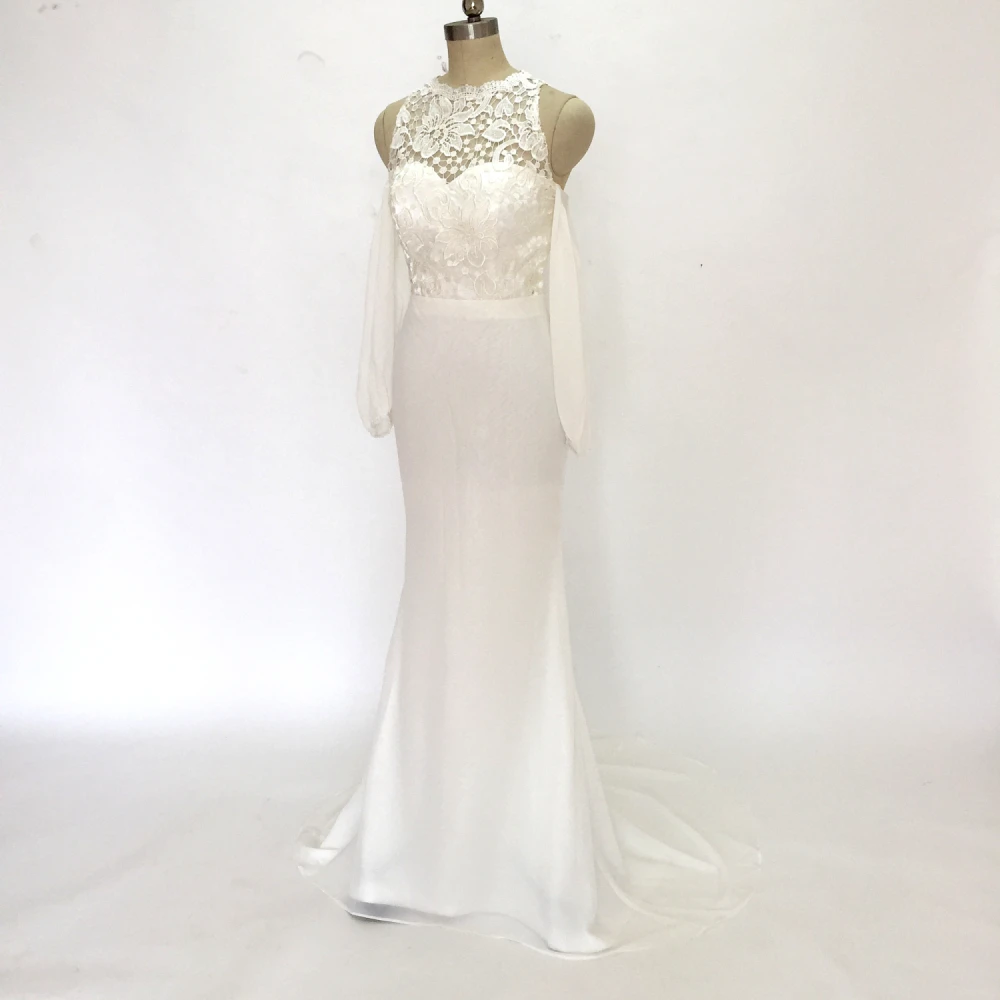Белые свадебные платья из шифона, пляжные свадебные платья, кружевное свадебное платье с длинными рукавами, vestidos de novia robe de mariage - Цвет: Слоновая кость