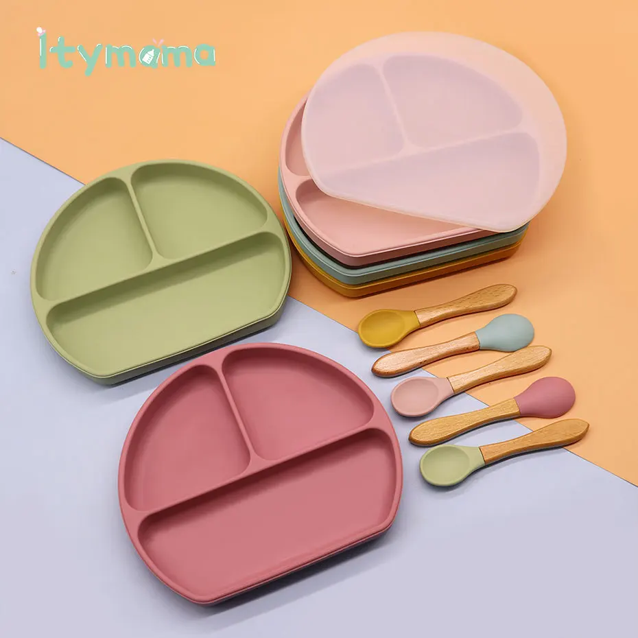 Baby Feeding Plate Food Grade Silicone Baby Plate BPA Free Infant Waterproof Kid Tableware Plate Children Dishes Sealed With Lid