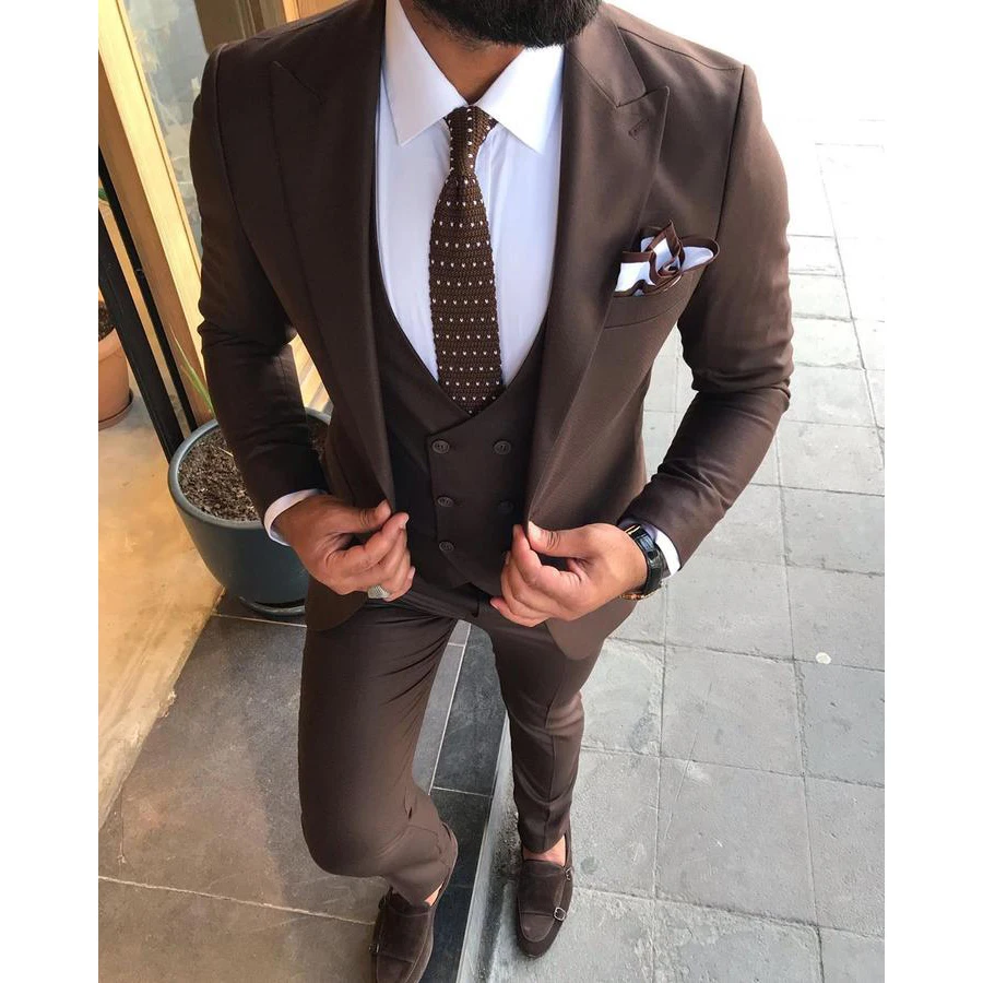 

2021 Brown Mens Suits Slim Fit Groomsman One Button Double Breasted Vest Tuxedo Groom Suits For Men Wedding Blazer 3 Pieces