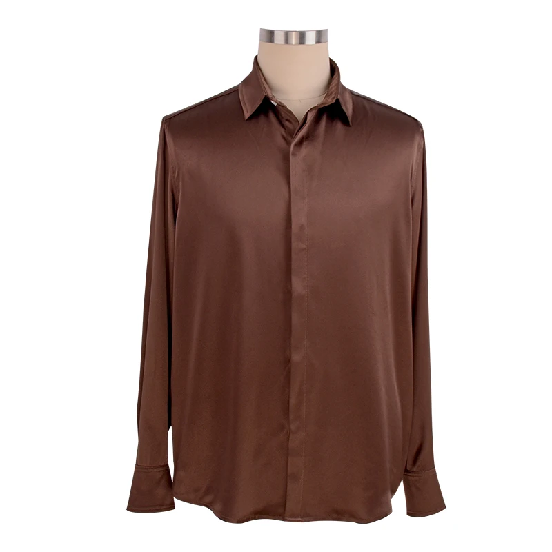 Мужская 19 Momme шелковая рубашка тутового цвета деловые рубашки для мужчин мужские офисные свитеры с пуговицами и отложным воротником со скрытой планкой - Цвет: Brown