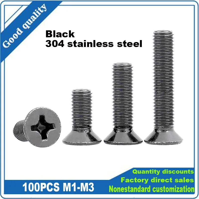

100pcs M1 M1.2 M1.4 M1.6 M2 M2.5 M3 GB819 Mini Small Black 304 Stainless Steel Phillips Flat Countersunk Head Mirco Screw Bolt