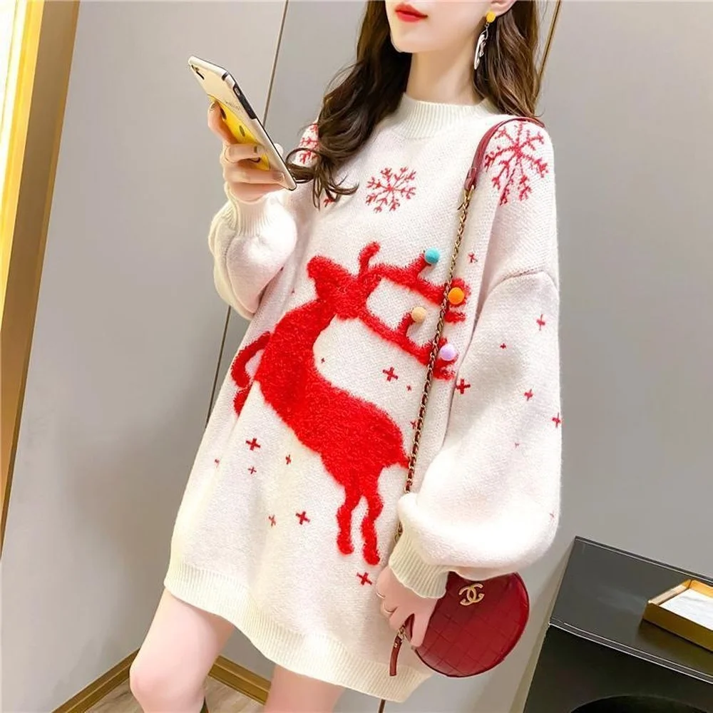 

Red Christmas Fawn Autumn Ladies Sweater, Winter White Round Neck Pullover Knitted Sweater Fashion Sweater White Sweater