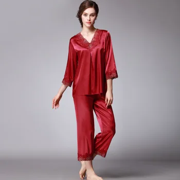 

Women Silk Sexy Summer Satin Lingerie Autumn Pijiama Long Sleeve Pants Pajamas Gown Korean Two Piece Pajama Sets Pink Sleepwear