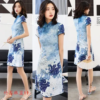 

Summer Short Cheongsam Traditional Chinese Dress Women Sexy Modern Qipao Lattice Cotton Oriental Style Dresses M-3XL