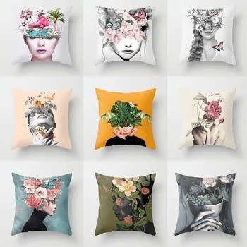 

New Style Printed Woman Flower Avatar Pillow Cover Home Sofa Office Pillow Case