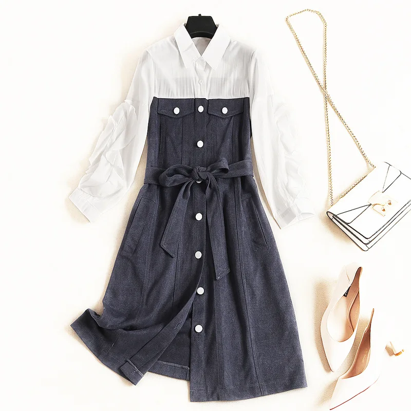 

Korean Fashion Ol 2019 Autumn Plus Size Three Quarter Sleeves Single-breasted Suede Stitching Lacing Belt Bow Women Dress