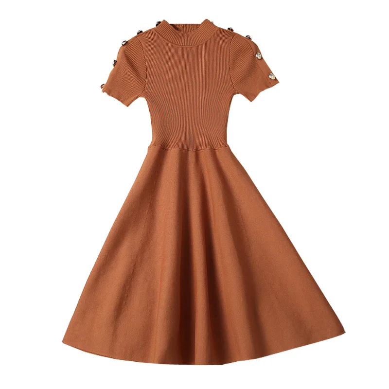 Kintted платье Женская Осенняя мода Водолазка Кнопка короткий рукав Vestidos и элегантный Высокая талия тонкий большие свинг-платья