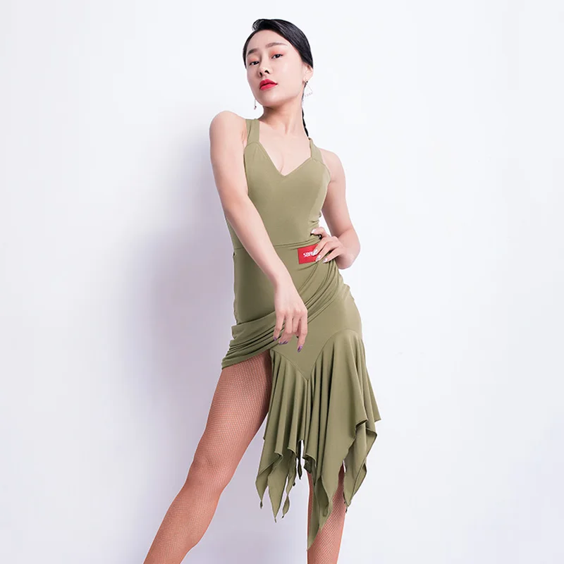 Латинское платье для танцев без рукавов пикатные с открытой спиной стандартная юбка Танго, сальсы, ча-ча Самба Румба Танцы одежда для сцены DNV11810 - Цвет: Зеленый