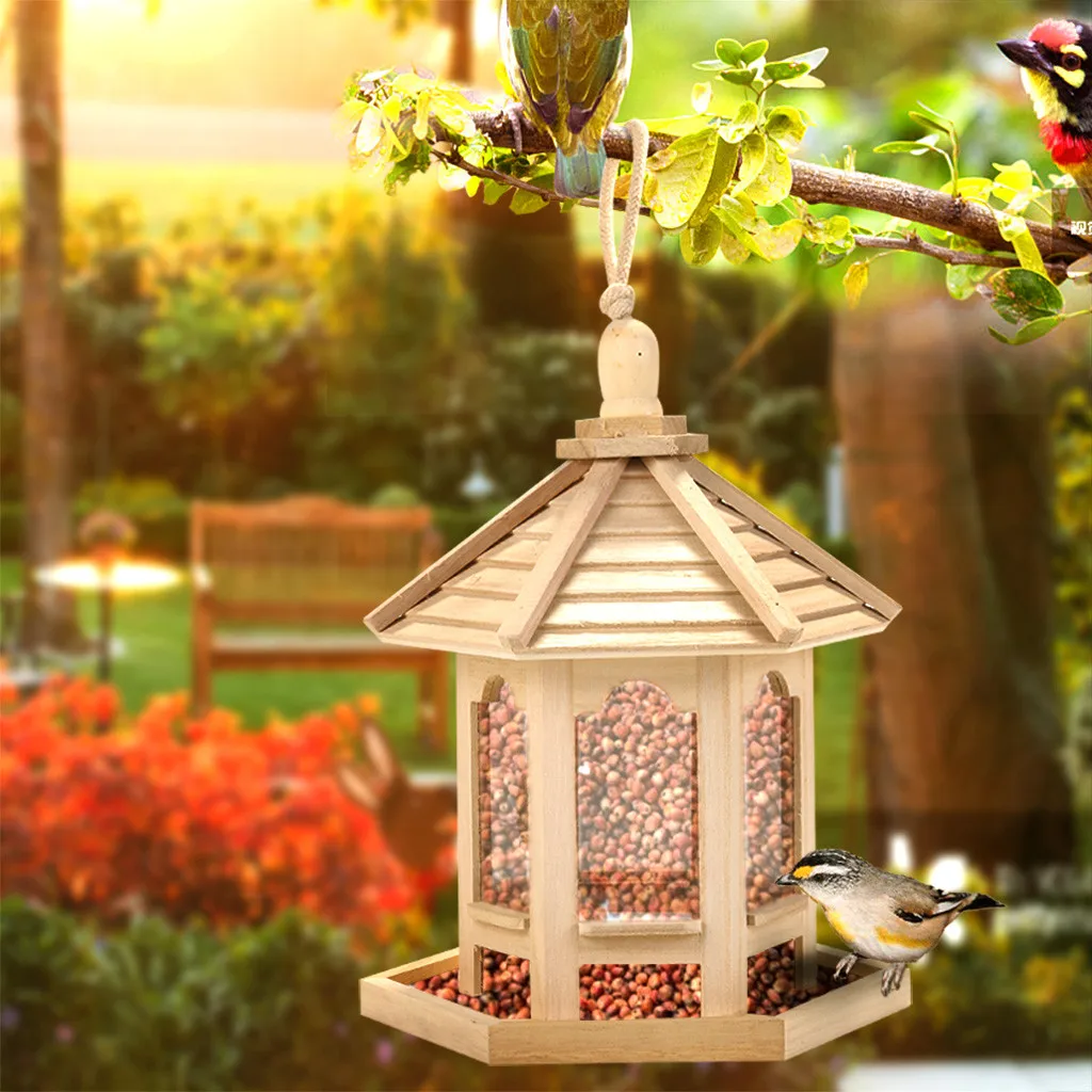 Прочный деревянный пластиковый подвесной прозрачный кормушка для птиц для сада и двора, чехол для еды, товары для домашних животных, шестигранная деревянная кормушка для птиц