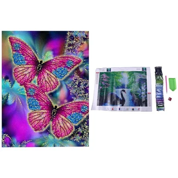 

2 Set 5D Diy Diamond Painting Diamond Embroidery Rhinestones Gift - Colorful Butterfly & Swan Under the Moon