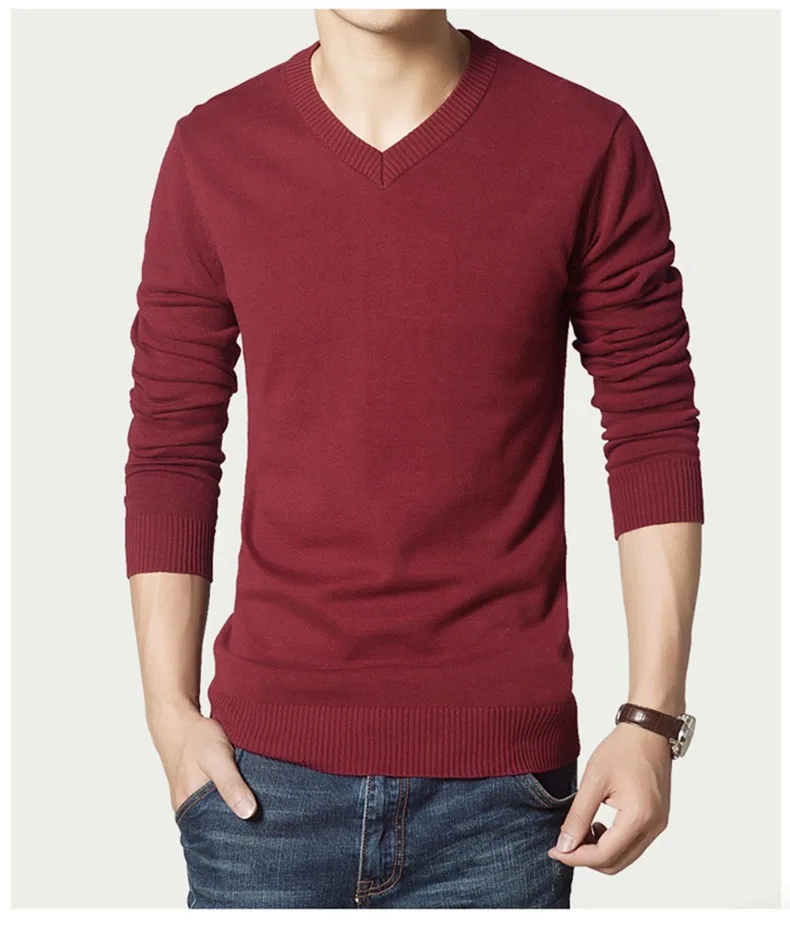 V-образный вырез Повседневное Для мужчин с длинным рукавом пуловер свитер утягивающий тонкий Свитера для мальчиков зимние однотонные красный, черный и белый Для мужчин, вязаная одежда