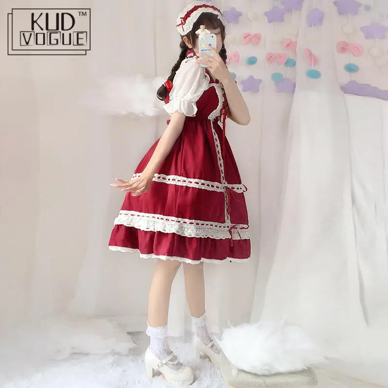 Lolita Dress Sweet Girls Cute Japanese Kawaii Spaghetti Strap Maid Vintage Lace Ribbons Headwear Lace Women Summer Party Prom lolita dress,lolita suspender dress,lolita cosplay costumes