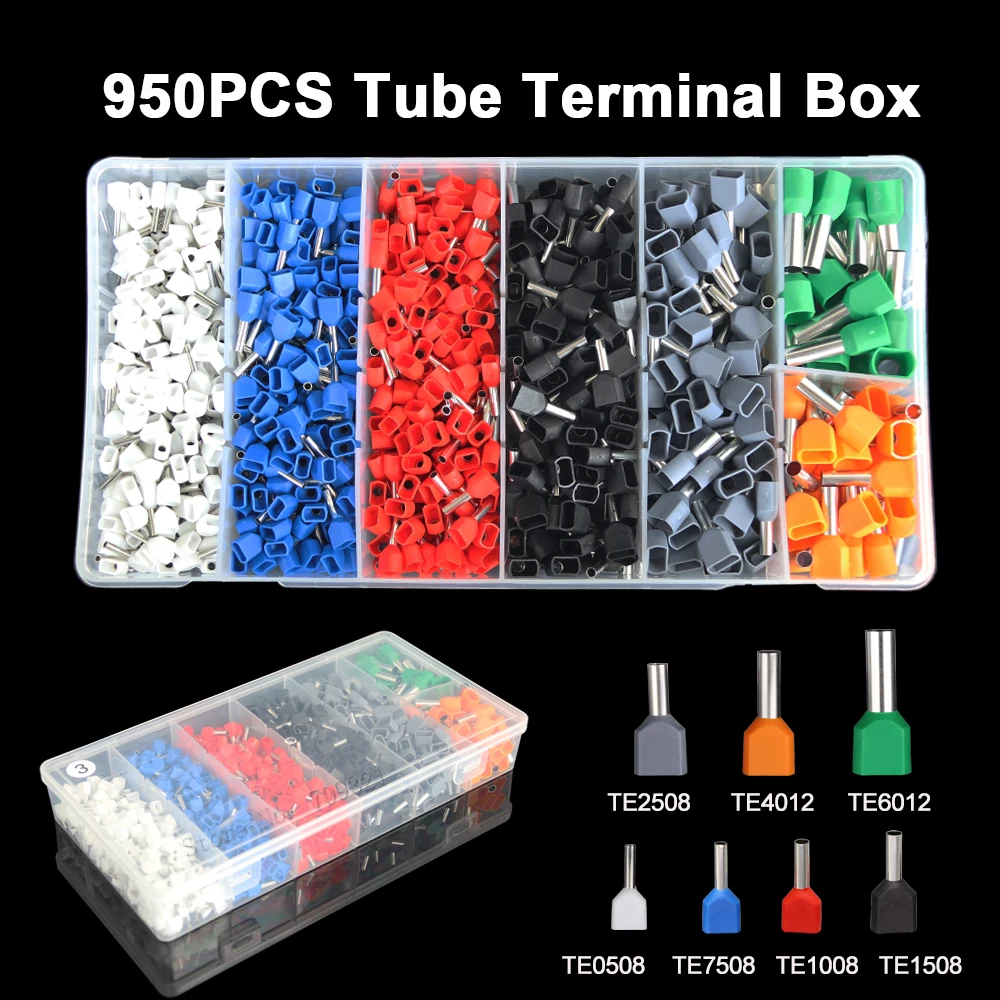 950 pces duplo fio tubo terminal kit 2*0.5-6mm2 virola isolado duplo fiação friso terminais conector cabo terminal terno conjunto
