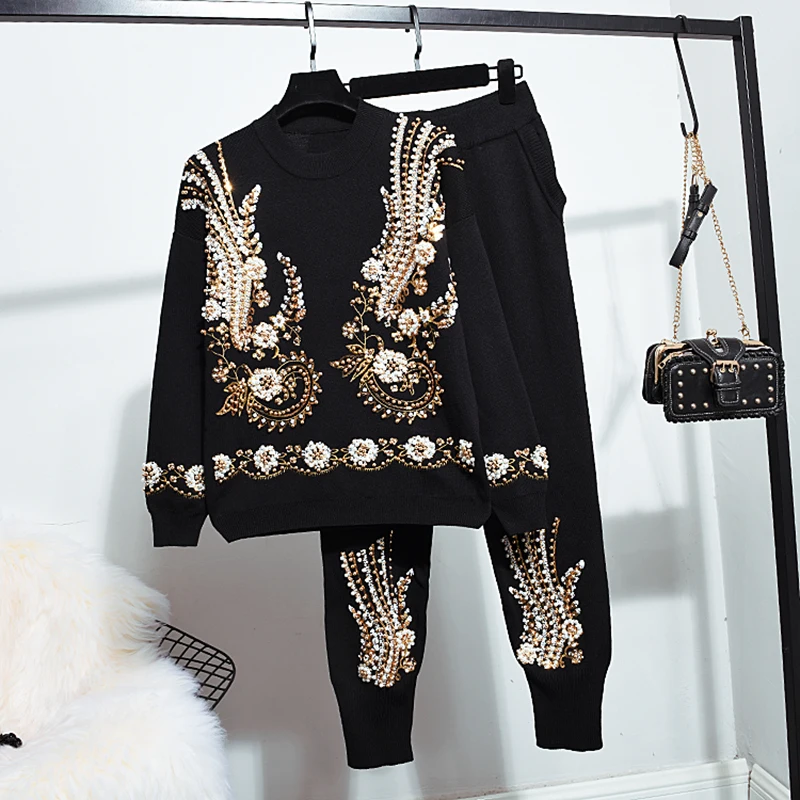 

High Quality Knit Women Two Piece Set Handmade Beading Flower Knitted Sweater Casual Trousers Ladies Tracksuits Loose 2pc Suit