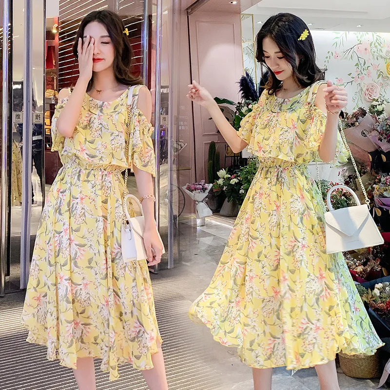

2019 Summer New Style Fashion Nursing Exposed Shoulder Floral Chiffon Nursing Dress
