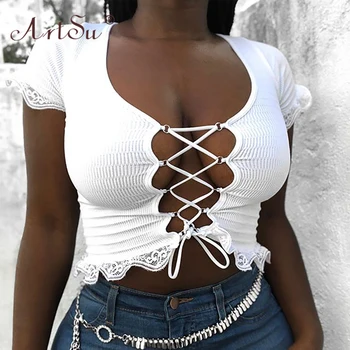 

ArtSu Solid Hollow Out Bandage Summer Tops T-Shirts Women Patchwork Lace Rib Knit Short Sleeve Sexy Crop Top Clubwear White