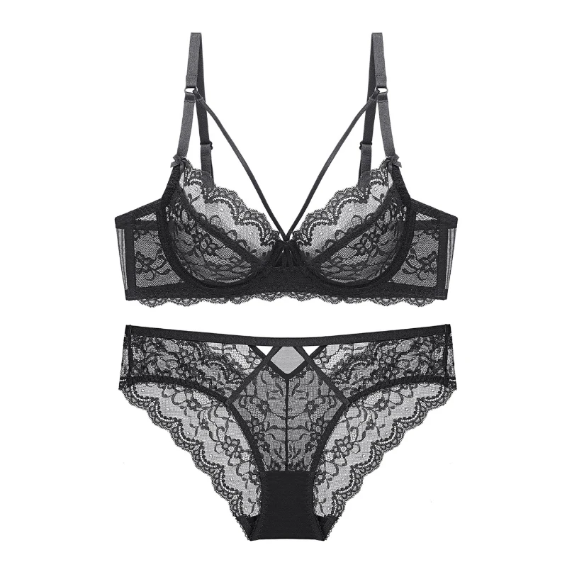 Valge tikandiga Seksikas pesu rinnahoidja ja aluspüksid, läbipaistev üliõhuke Push Up rinnahoidja pits naiste aluspesu komplektid E Cup