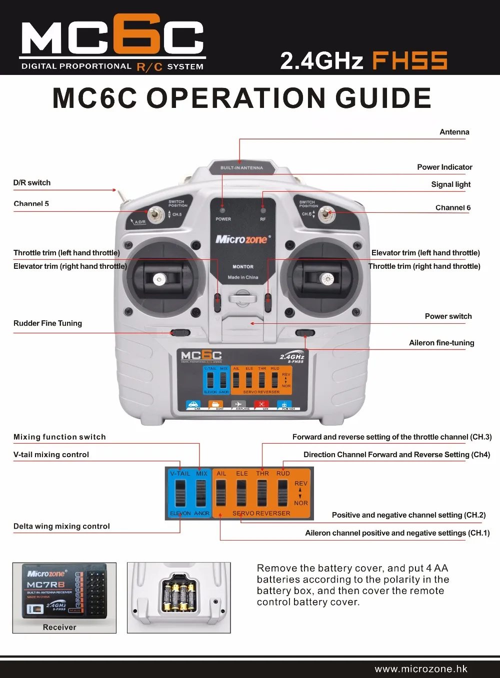 Пульт дистанционного управления MicroZone MC6C с MC6RE/Mini MC6RE/MC7RB 2,4G приемником для радиоуправляемого дрона с фиксированным крылом SU27