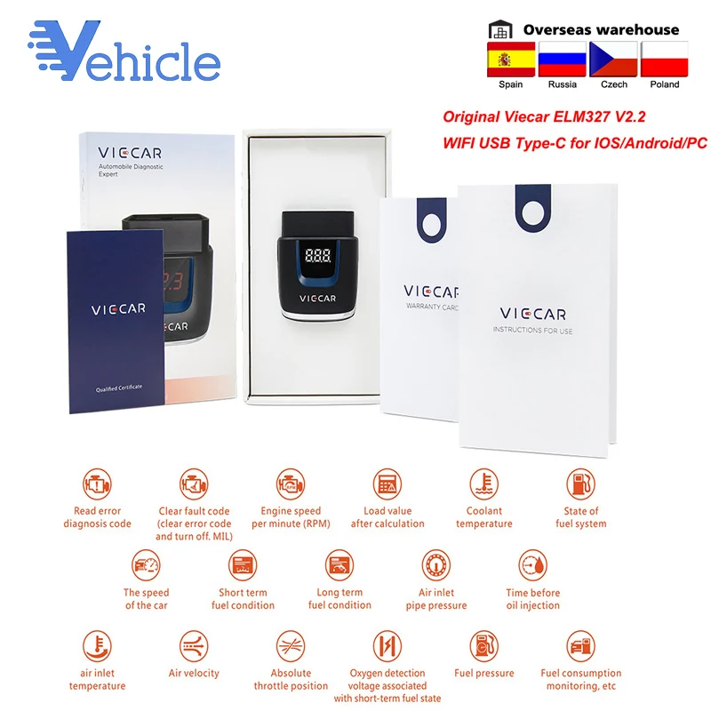 Оригинальный Viecar ELM327 Bluetooth 4 0 V2.2 WIFI/Type c для Android/IOS ELM 327 считыватель кодов OBD OBD2
