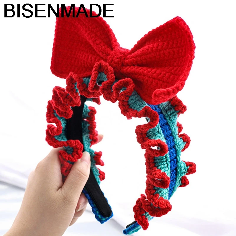 

BISENMADE Autumn Winter New Headband Women Ruffled Woolen Yarn Bowknot Headdress Fold Hairband Girl Headwear Hair Accessories