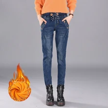 Женские джинсы на осень и зиму, вельветовые плотные джинсы с эластичной резинкой на талии, свободные джинсы от Harlan, модные повседневные джинсовые брюки для женщин