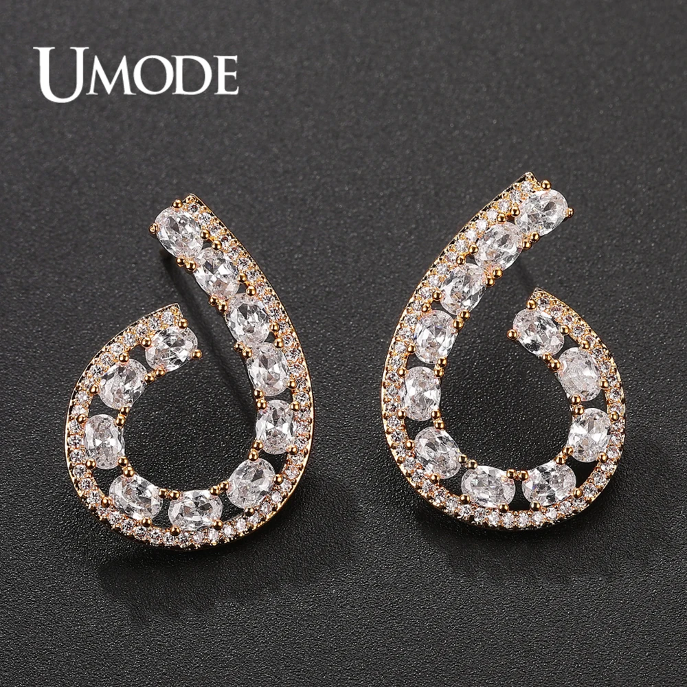 

UMODE New Unique Waterdrop CZ Zircon Open Stud Earrings for Women Gold Color Crystal Party Water Drop Jewelry Gift Bijoux UE0656