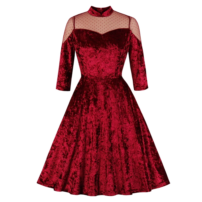 Элегантное винтажное красное бархатное платье 1940s с воротником-стойкой и прозрачной сеткой, осенние платья для женщин, вечерние платья-туники для девушек, Сетчатое платье в горошек
