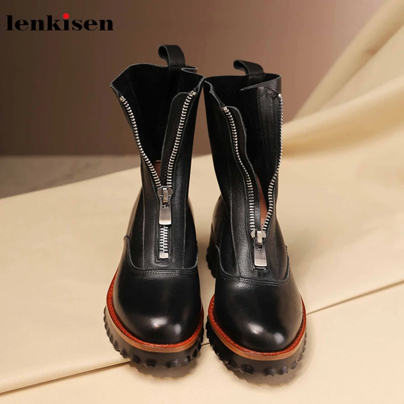 

Lenkisen big size genuine leather round toe med heels fashion rock zipper thick bottom winter keep warm women ankle boots L8f6