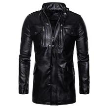 Зимняя мужская кожаная куртка, однотонная Кожаная Байкерская мотоциклетная куртка на молнии, верхняя одежда со стоячим воротником и карманами, Женская длинная куртка, пальто