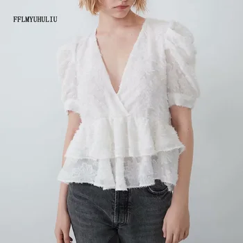 

Summer new fashion ladies chiffon shirt V-neck ruffled applique decorative short-sleeved shirt short elegant casual shirt