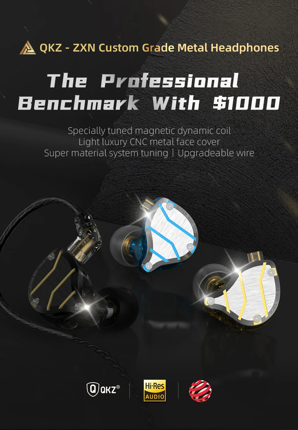 QKZ ZXN ZS10 Pro Noise Cancelling Earphones Headphones Sport in Ear Monitor Metal Headset