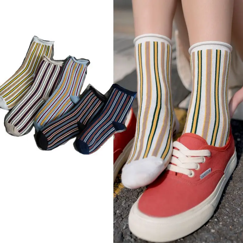 Осенние и зимние новые цветные контрастные полосатые подкручивающиеся женские носки, модные корейские хлопковые дышащие Японские Женские носки