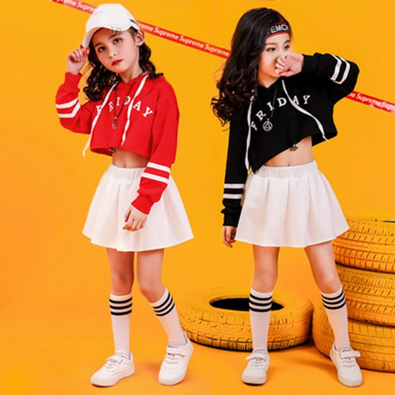 

New Children's Hip-hop Skirt Suit Girl Jazz Performance Costume Big Kids Fashion Hooded Sweater + Skirt 2pcs Tracksuit for Girls