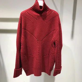 

2020 early spring autumn woman sweater red striped knitting high collar pullover for lady