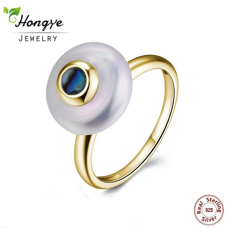 

Hongye кольца с натуральным пресноводным жемчугом 925 стерлингового серебра ювелирные изделия сжатая 2,5 см, модный дизайн, покрыты золотом, коль...