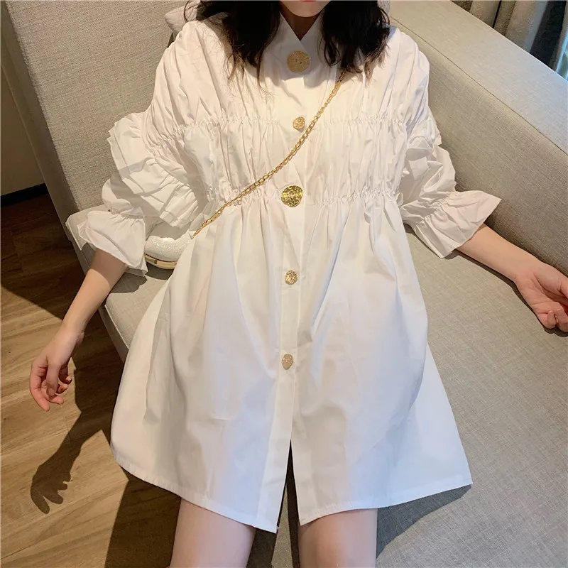 

[EWQ] 2019 Spring Autumn New Pattern Stand Collar Short Sleeve Solid Patchwork Single Breasted Casual Shirt Dress Women AH264